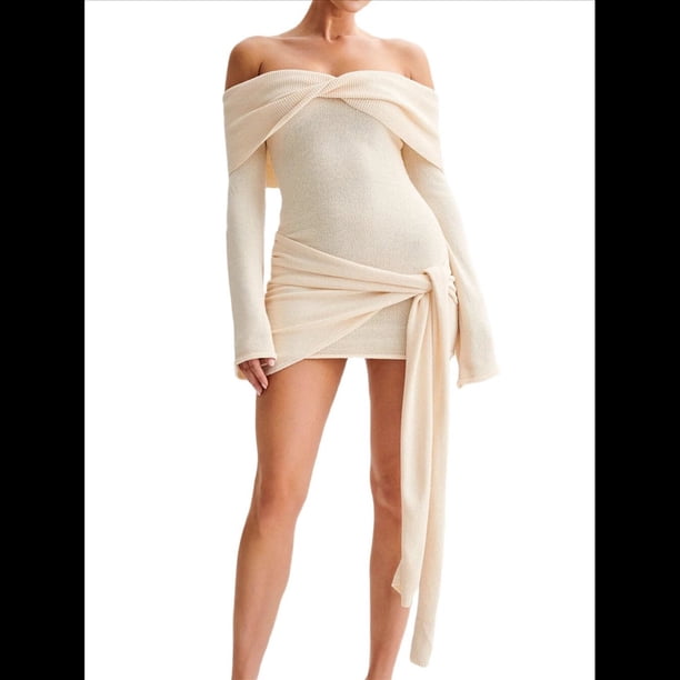 Vestido de Punto Corto con Hombros Descubiertos para Mujer, Larga, Irregular, con Cordones, Sexy Lechoso M