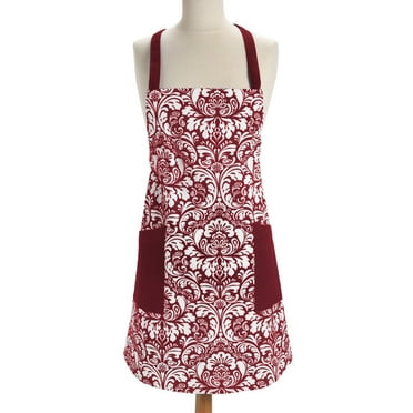 CC Home Furnishings Damask and Floral Kitchen Apron - 37.5" - Burgundy and White
