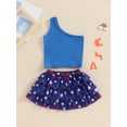 thumbnail image 5 of Aojekbee 4th of July Toddler Girls Outfits Solid Color One Shoulder Sleeveless Tank Tops Stars Print Ruffles Skirts 2Pcs Clothes Set, 5 of 10