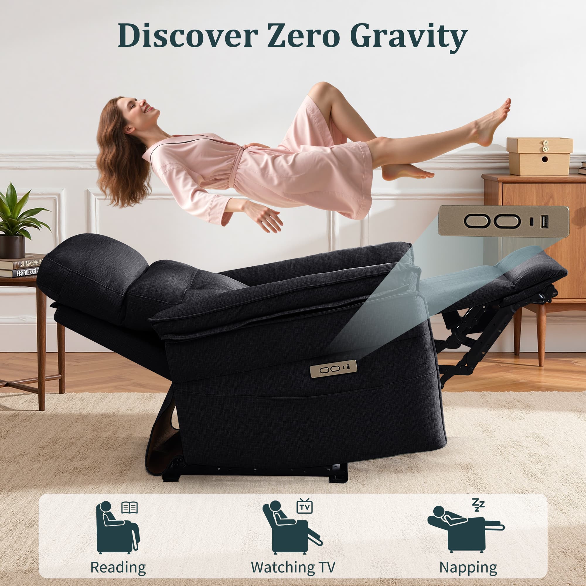 Korser Small Power Zero Gravity Recliner Chairs for Adults with USB&Type-C Ports for Living Room,Black