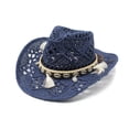 thumbnail image 2 of Women's Crochet Western Cowboy Straw Hat Hollow Out Woven Sun Hat with Shell & Tassel Band, 2 of 4