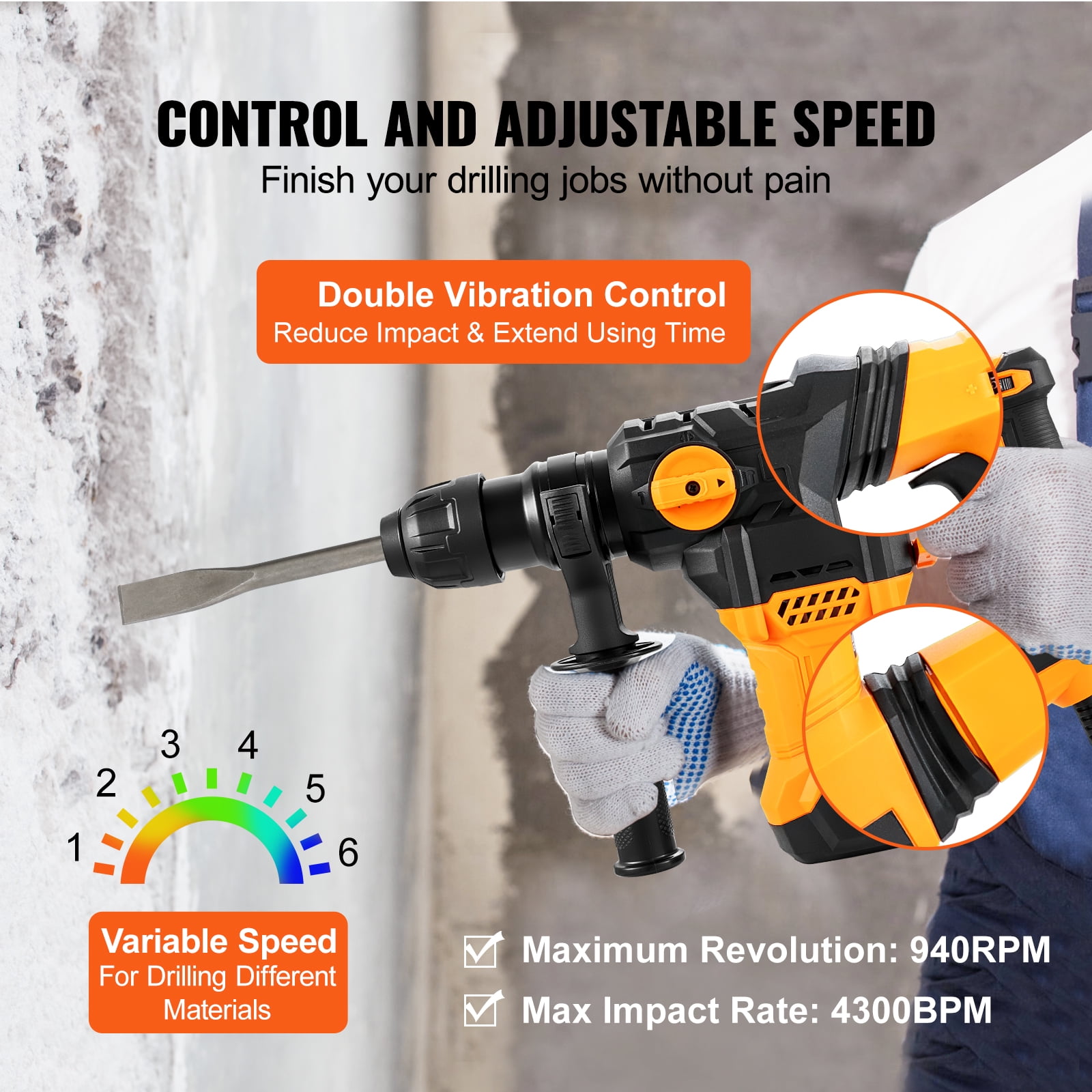 KFFKFF 1-1/4" SDS-Plus Rotary Hammer Drill, 13 Amp Corded Drills, Heavy Duty Chipping Hammers w/Vibration Control & Safety Clutch, Electric Demolition Hammers Variable Speed, Power Tool For Concr