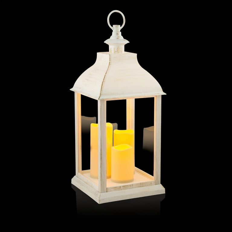 Alpine Outdoor Hurricane Lantern with Cool White LED Lights - White