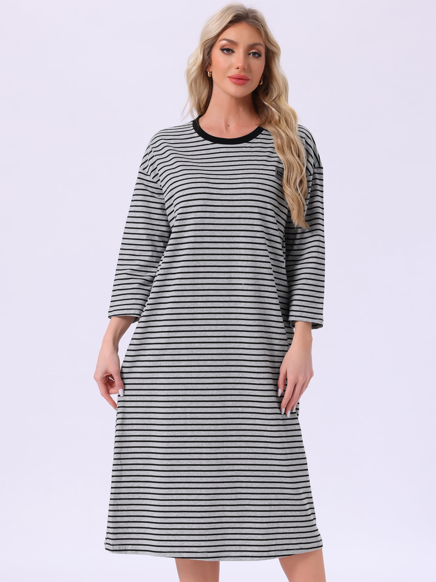 DARING DIVA Women's Cotton Stripe Long Sleeve Nightgown with Built in Bra S Gray