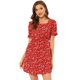 thumbnail image 1 of Vestido Floral Por Encima De La Rodilla Con Cintura Elástica Y Cuello Cuadrado Con Mangas Abullonadas Para Mujer Rojo XS, 1 of 6