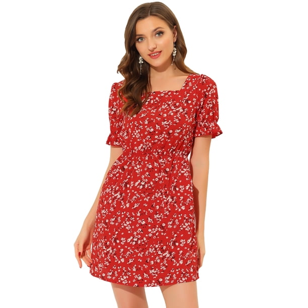 Vestido Floral Por Encima De La Rodilla Con Cintura Elástica Y Cuello Cuadrado Con Mangas Abullonadas Para Mujer Rojo XS