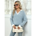 thumbnail image 3 of Women'S V Neck Sweaters Pullover Color Block Collar Long Sleeves Loose Fit Casaul Tunic Tops Shirts Light Blue M, 3 of 8