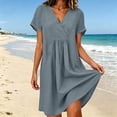 thumbnail image 4 of Ayolanni Solid Women Summer Dresses V Neck Short Sleeve A-Line Midi Dress Cotton Vacation Flowy Dressy Dress with Pockets Gray XXL, 4 of 9