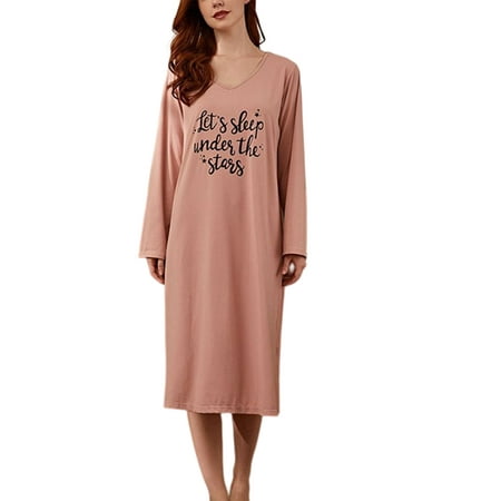 

Voguele Ladies Nightgowns Letter Printed Sleep Dress Long Sleeve Night Gowns Nightshirt Pajama Dresses Lounge Sleepwear Pink M