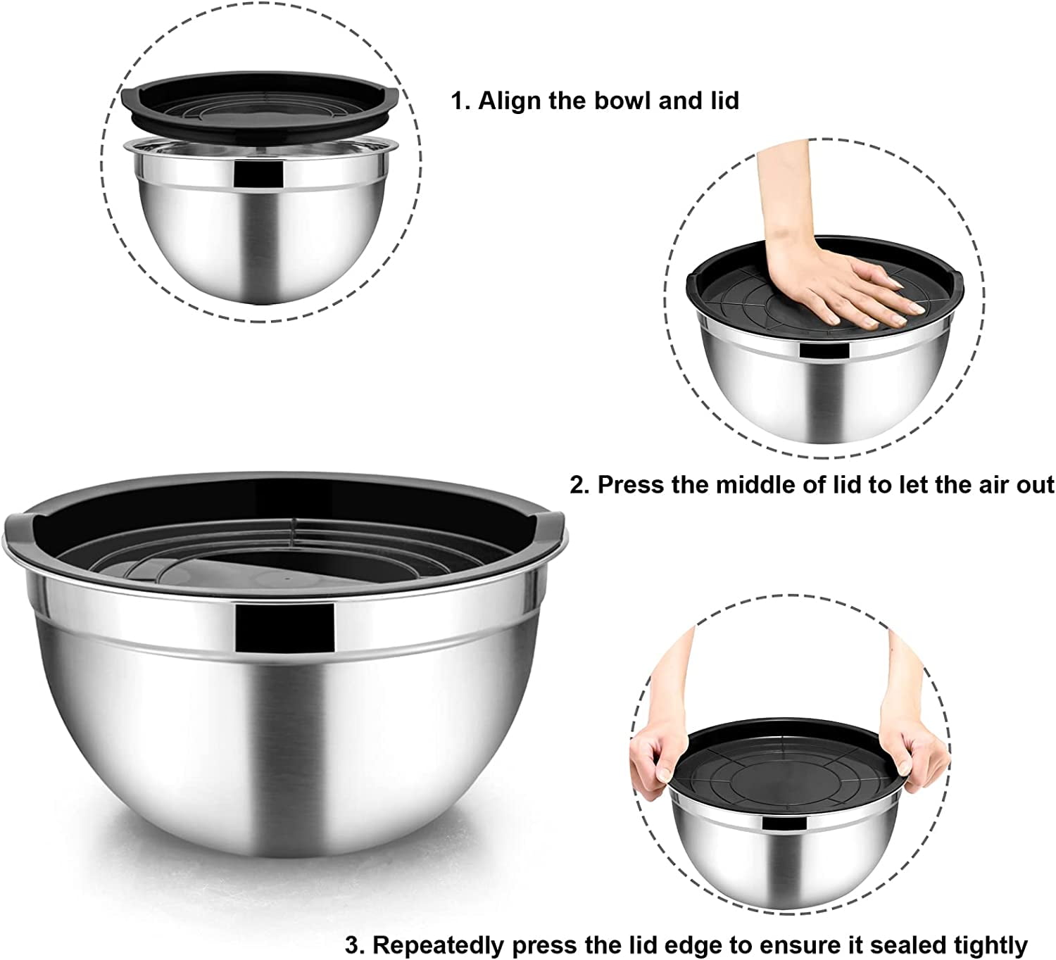 Mixing Bowls with Lids Set of 5, VeSteel Stainless Steel Mixing Bowls Metal Nesting  Bowls with Airtight Lids for Cooking, Baking, Serving 