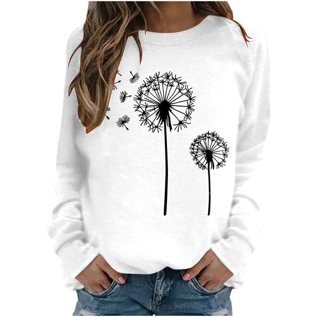 Chandail de Mode pour Femmes Imprimé Pissenlit Col Rond Manches Raglan Manches Longues Haut Décontracté Ample Confortable