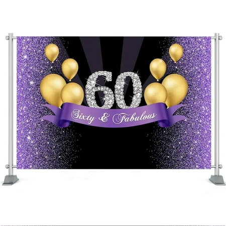 Image of Sixty Birthday Backdrop for Women Purple and Black Background Gold Balloon 60th Birthday Decoration