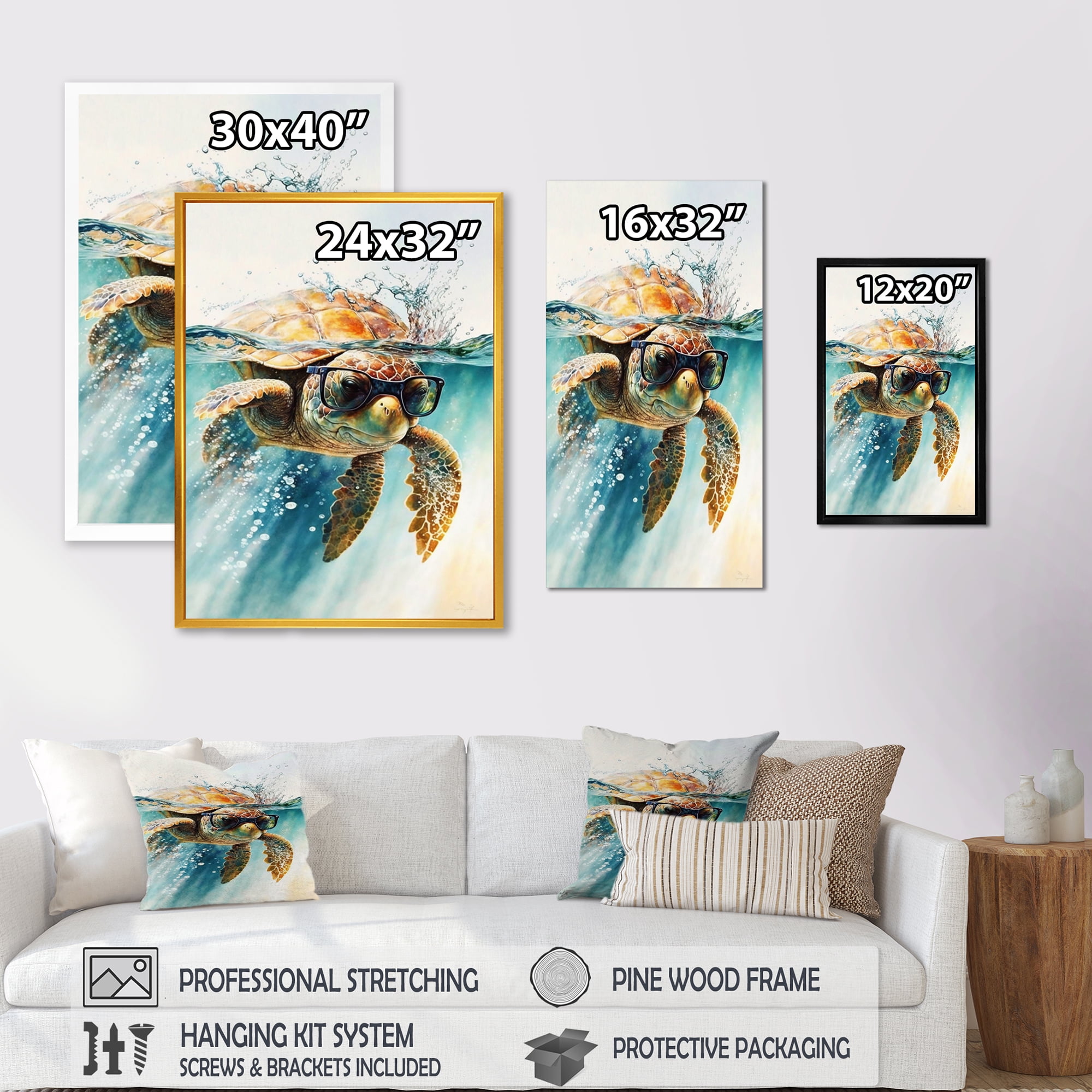 Designart Turtle With Glasses In The Ocean III Canvas Wall Art