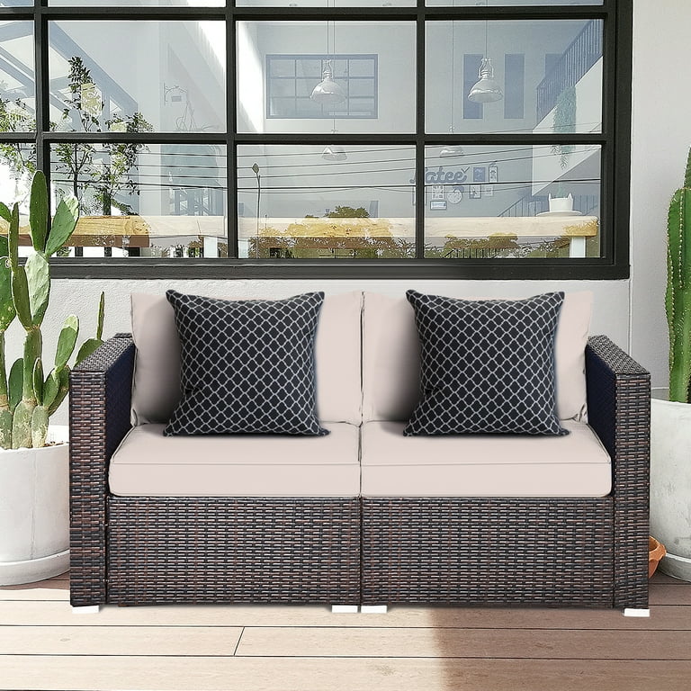 Patiojoy 2 Piece Patio Wicker Corner Sofa Set Rattan Loveseat with Removable Cushions Brown