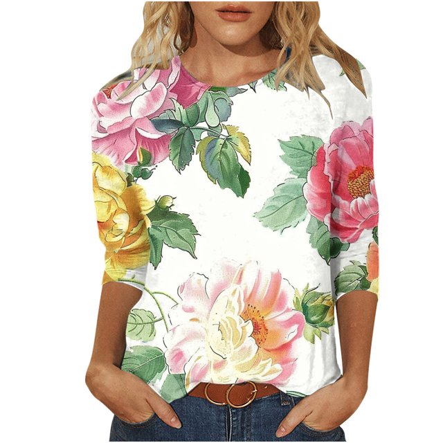 Birdeem Blouse pour Femmes T-Shirt Imprimé Col Rond Manches 3/4 Haut Ample Manches Longues Col Rond