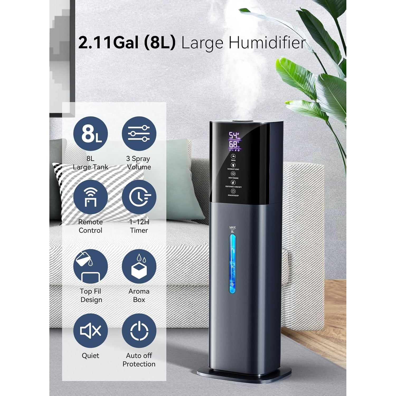 Humidifiers for Bedroom, 2.11Gal 8L Quiet Humidifiers for Large Room with Timer, 360°Nozzle, 3 Speed Ultrasonic Cool Mist Humidifier with Humidistat for Baby, Customize humidity for Home Adults Plant