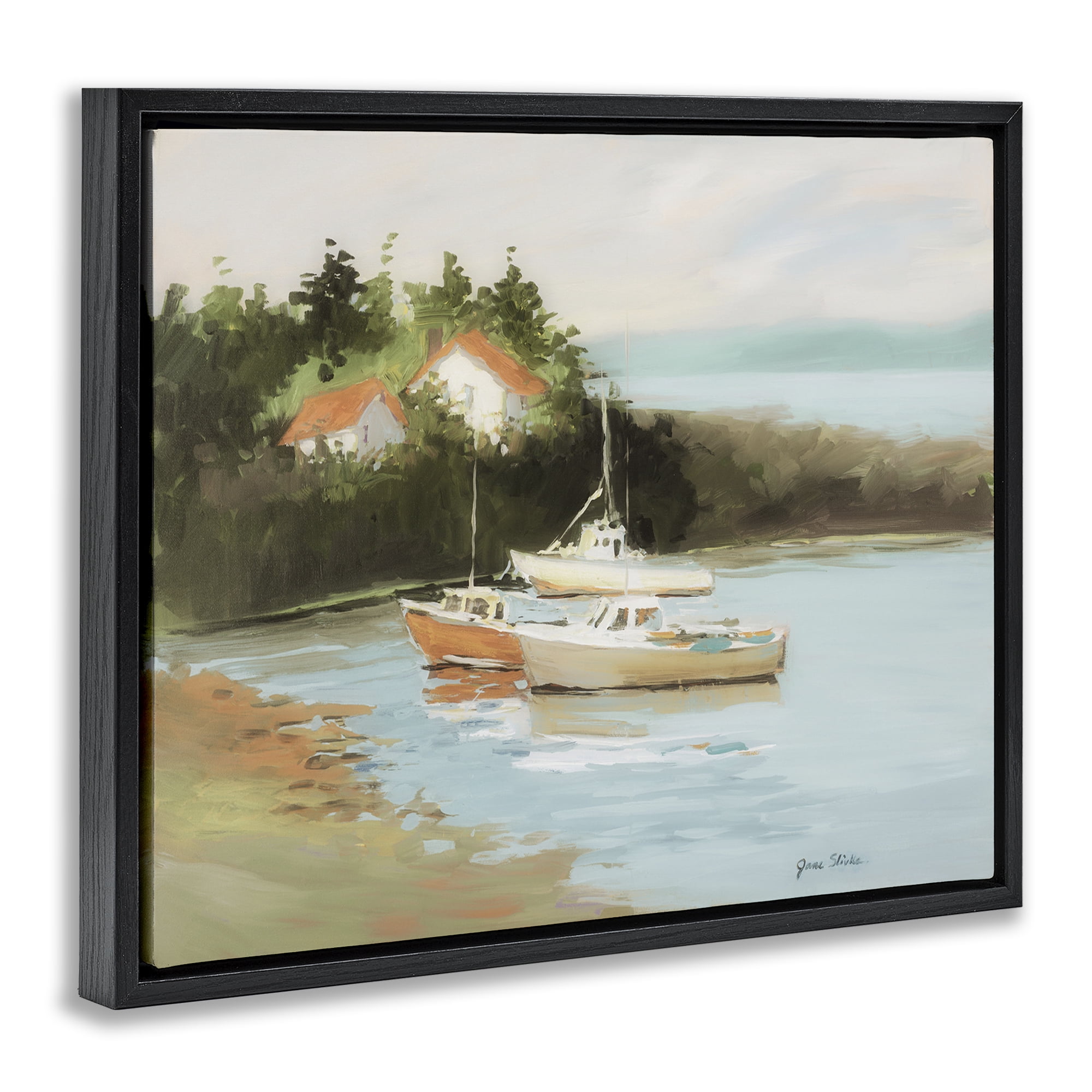 Stupell Industries Calm Boat Harbor Coastal Painting Black Floater Framed Canvas Art Print Wall Art, 21 x 17