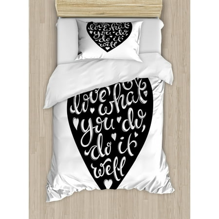 What Comes In A Duvet Set Love What You Do Duvet Cover Set, Hand Drawn Lettering with Monochromatic Heart Love Work Theme, Decorative Bedding Set with Pillow Shams, Charcoal Grey and White, by Ambesonne ()