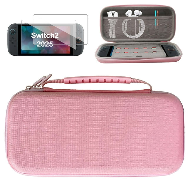 Étui de Transport pour Nintendo Switch 2, Coque Rigide et Sac de Transport de Voyage Portable Étanche pour Rangement de Jeux avec 2 Protecteurs d'Écran pour Accessoires de Jeu Switch 2, Rose