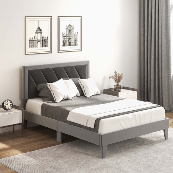 Costway Full Size Bed Frame Upholstered Platform Velvet Headboard Wooden Slats Gray