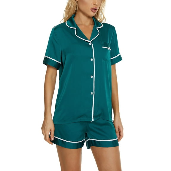INSPIRE CHIC Women's Pajama Sets Button Down Shirt and Shorts 2 Pcs Satin Silky Sleepwear XS Green