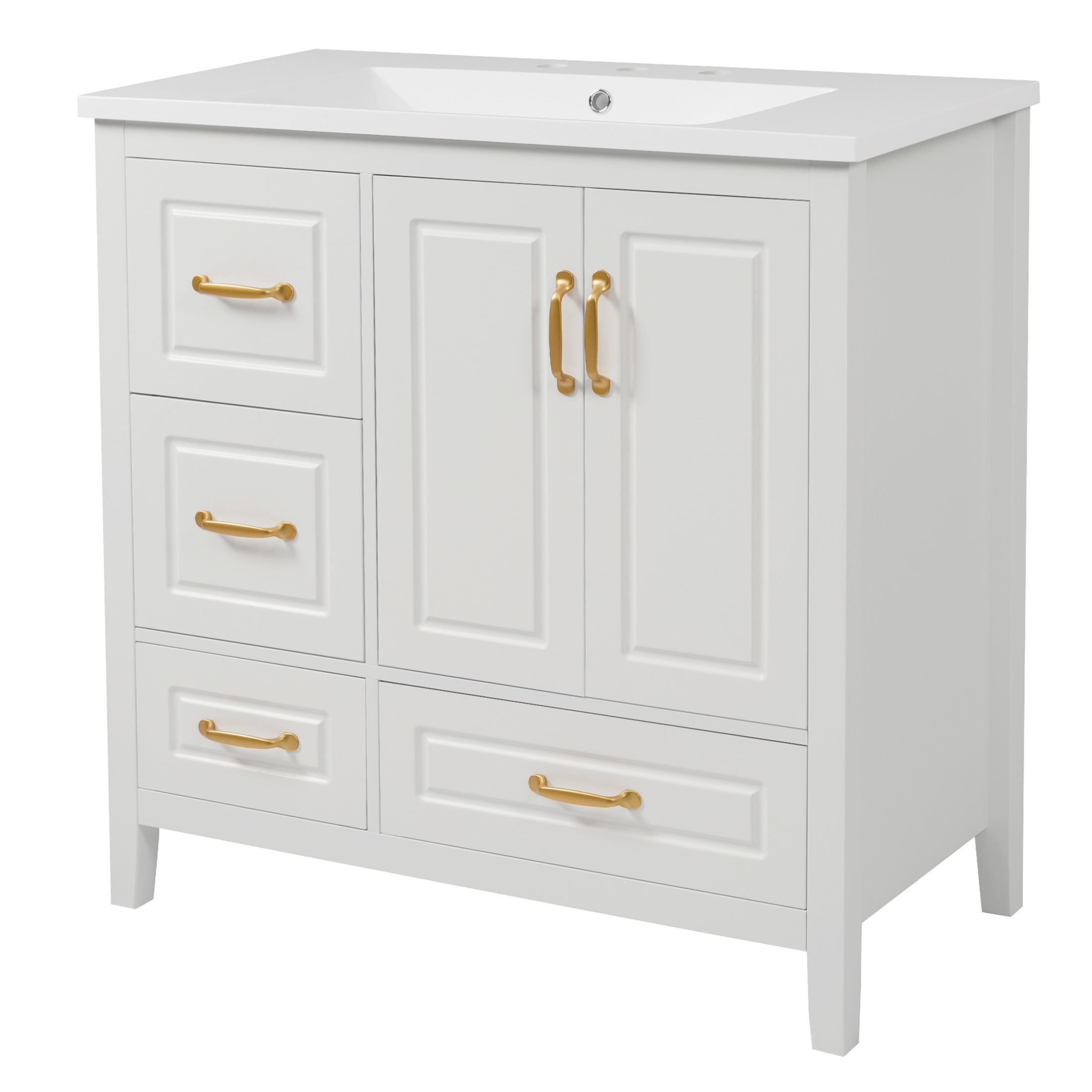 Christopher Knight Home 24" Bathroom Vanity with Sink, Soft-Close Cabinet & Drawers, Black Metal Handles, White