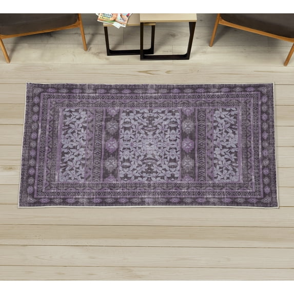 Vintage Decorative Rug, Ethnic Style Flower Petals Motives on Grunge and Weathered Backdrop, Quality Carpet for Bedroom Dorm and Living Room, 6 Sizes, Purple Grey, by Ambesonne
