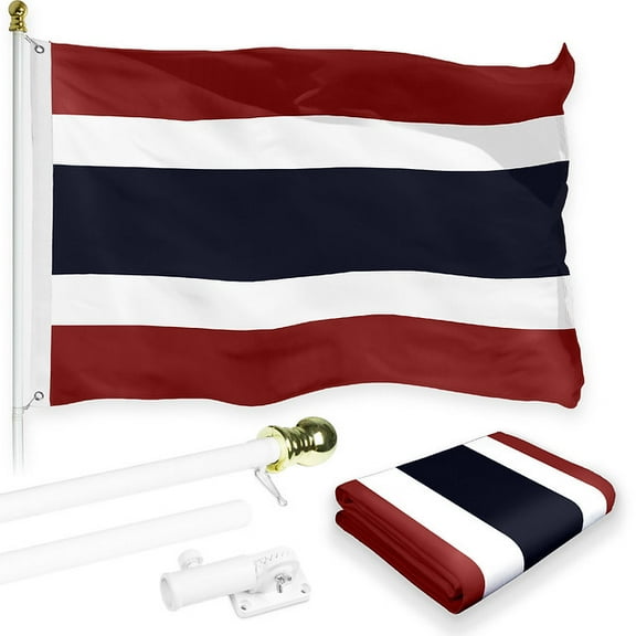 G128 Combo Pack: 6 Feet Tangle Free Spinning Flagpole (White) Thailand Thai Flag 3x5 ft Printed 150D Brass Grommets (Flag Included) Aluminum Flag Pole
