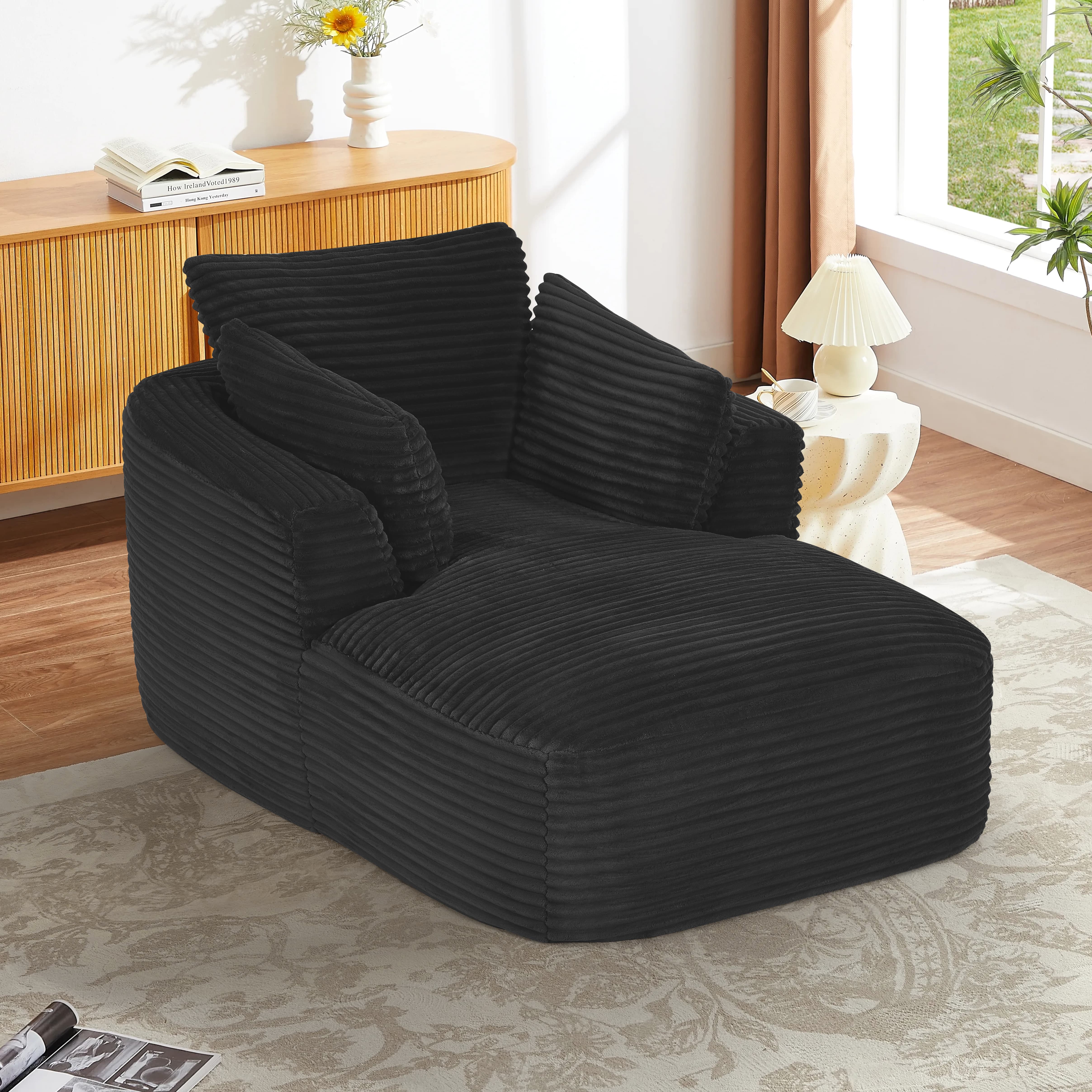 MAYEERTY Oversized Corduroy Chaise Lounge Sofa, Modern Couch with Spring Cushion for Apartment, 45*65*36"Black