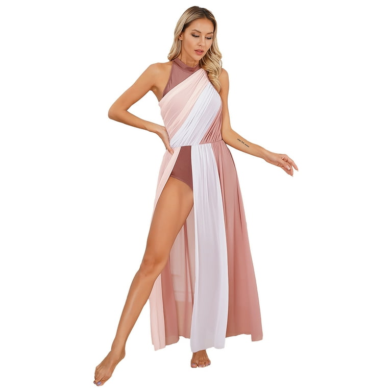 leotard dress prom Yeahdor Womens Chiffon Long Maxi Split Dress Modern Contemporary Dance Leotard Dress Prom Party Gown A Dusty Pink XL, Black