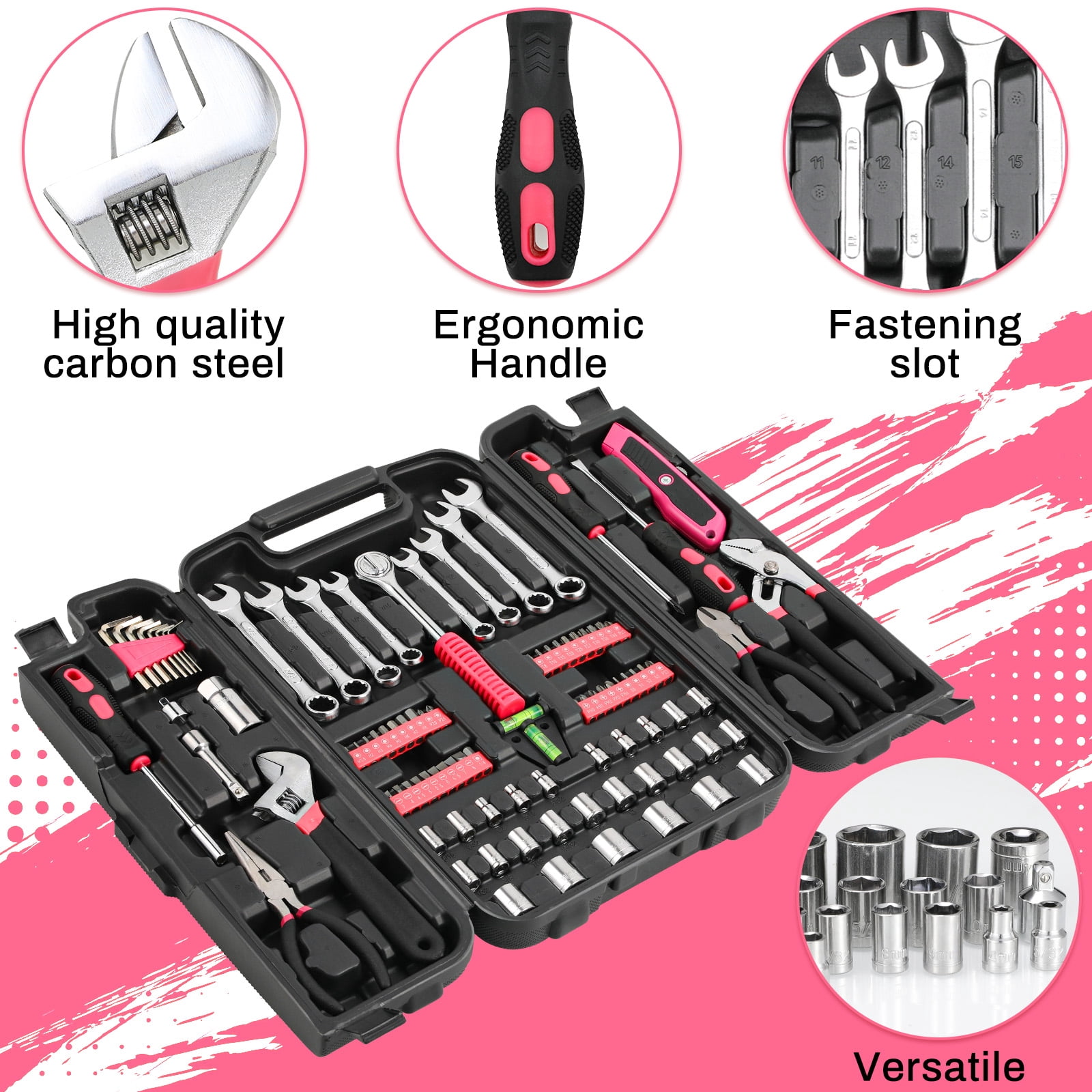 TLGREEN 95-Piece Mechanics  Tool Set, Car Tool Kit with Adjustable Wrench, Pliers, Sockets & Bits  (Pink)