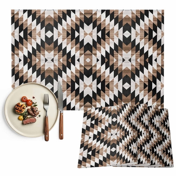 Placemats Set of 4, Wood Grain Place Mats Abstract Geometric Tribal Tablemats Washable Placemat Table Decoration for Kitchen Table Dinner Party Home Decor Indoor Outdoor 13x19 Inch