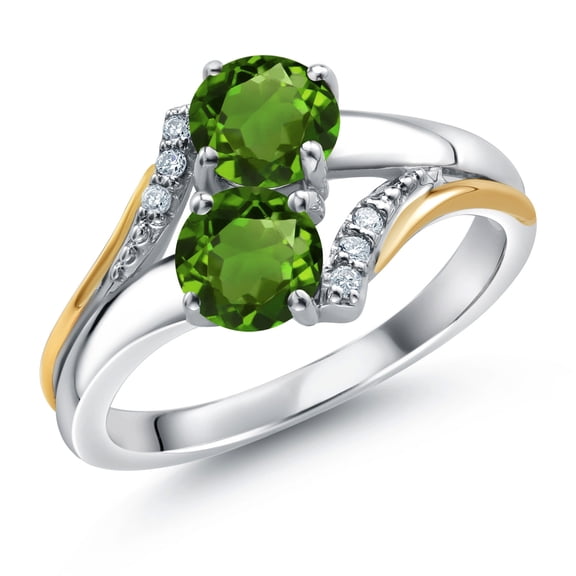 Gem Stone King 10K Yellow Gold and 925 Silver Green Chrome Diopside and White Lab Grown Diamond Accent Engagement Ring for Women | 1.03 Cttw | Round 5MM | Size 8