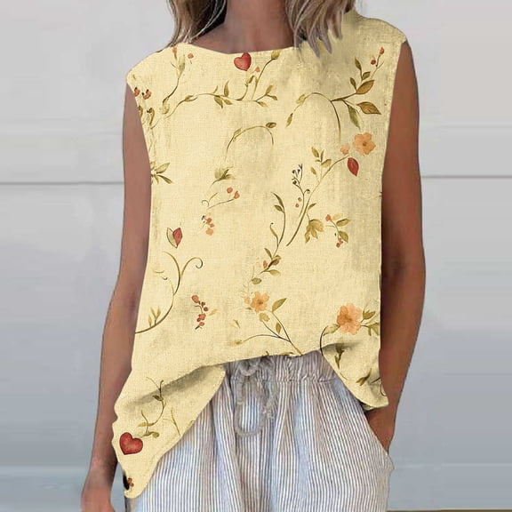 Shirts for Women Plus Size Sleeveless Round Neck Floral Printed Casual Tank Top Beige L