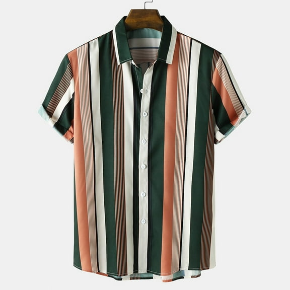 Floenr Mens T Shirts,Men Casual Patchwork Buttons Beach Non-positioning Striped Print Turndown Short Sleeve Shirt Blouse