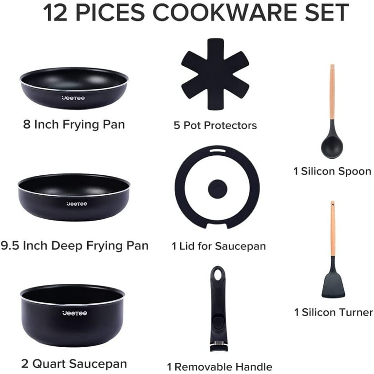 JEETEE Nonstick Pots and Pans Set with Removable/Detackable Handle RV Pots  Induction Cookware Stackable Cookware Set for Camping, PFOA Free