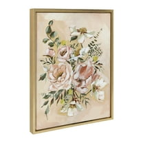 Kate and Laurel Sylvie Day 22 Framed Canvas Wall Art by Annie Quigley, 18x24 Gold, Soft Botanical Flower Bouquet Art for Wall Home Decor