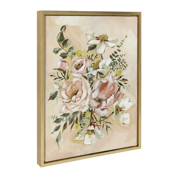 Kate and Laurel Sylvie Day 22 Framed Canvas Wall Art by Annie Quigley, 18x24 Gold, Soft Botanical Flower Bouquet Art for Wall Home Decor