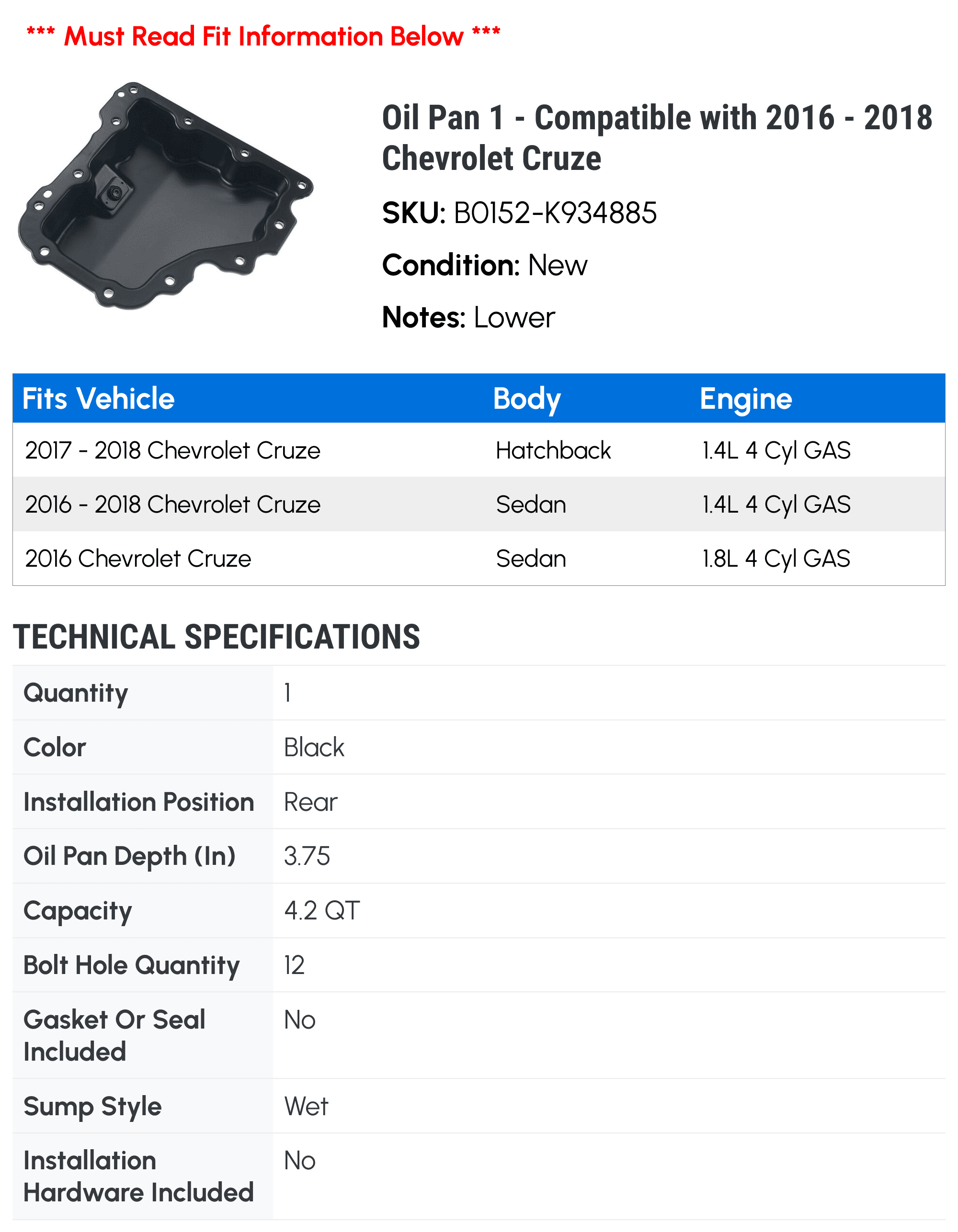 Oil Pan 1 - Compatible with 2016 - 2018 Chevrolet Cruze - Autopart Premium