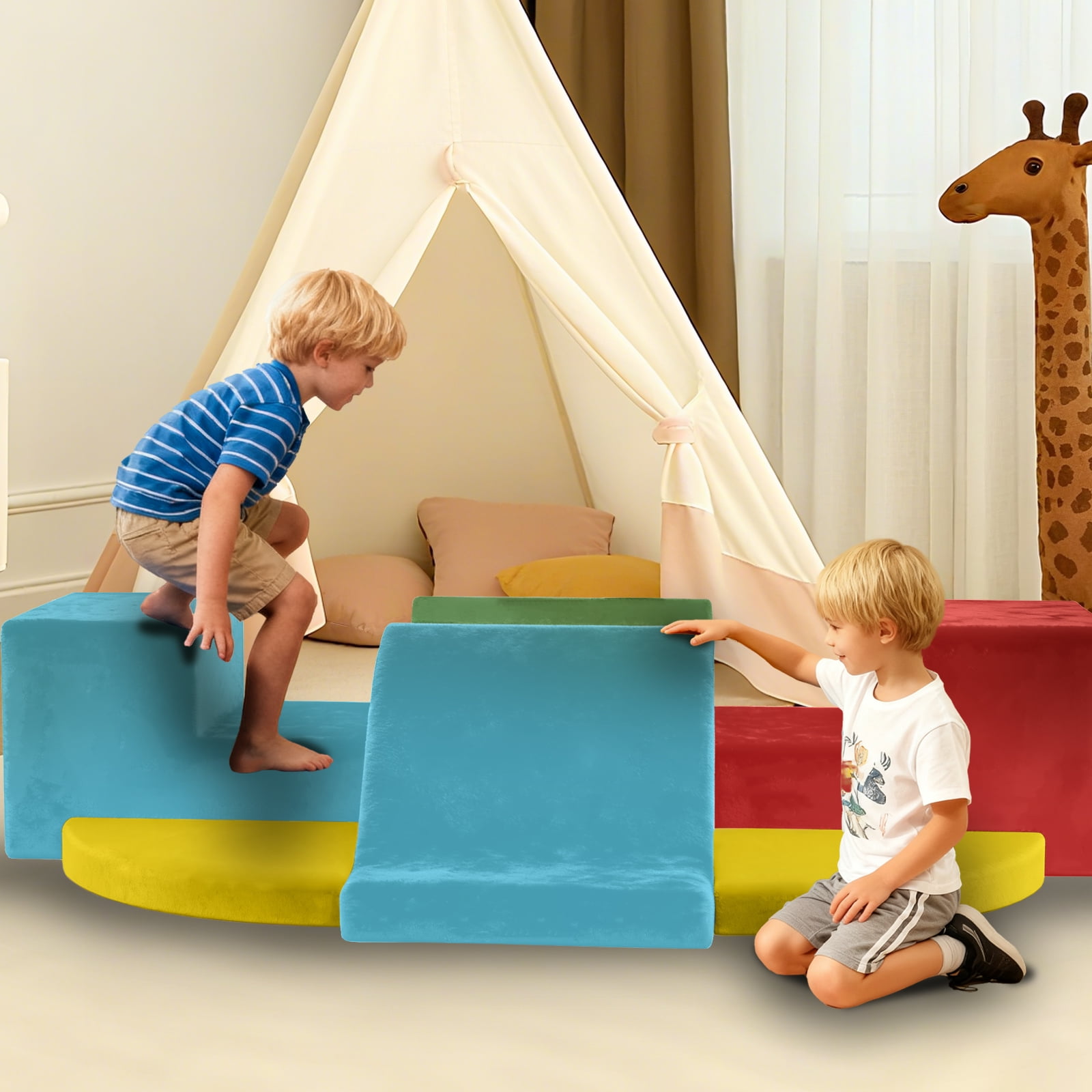 G TALECO GEAR Climbing Toys for Toddlers, 7 Pieces Indoor Baby Foam Blocks Soft Play Set with PU Leather, Kids Climb and Crawl Sliding Activity Structure Gym Playground Climber