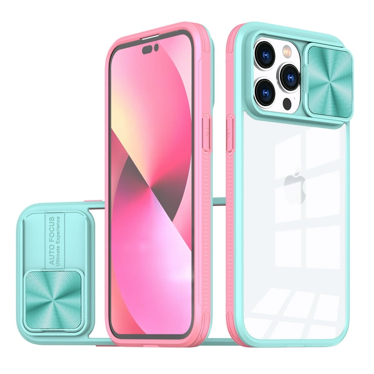 for iPhone 13 Pro Max Case, Stylish Slim Crystal Clear PC Back + TPU  Silicone Case with Sliding Camera Cover Anti-fingerprint Shockproof Phone  Cases for iPhone 13 Pro Max 6.7 inch,Skyblue 