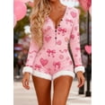 thumbnail image 4 of Women's Deep V Neck One Piece Shorts Bodysuit Furry Trim Long Sleeve Bodycon Jumpsuit Pajama Cute Heart Print Shorts Romper Valentines, 4 of 6