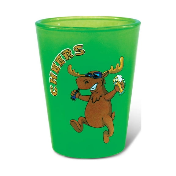 Puzzled Moose / Elk Green Neon "CHEERS" Shot Glass 1.70 Oz Quality Glassware for Bar Collection Novelty Liquor / Spirits Drinking Glass - Wildlife Forest Animal Theme