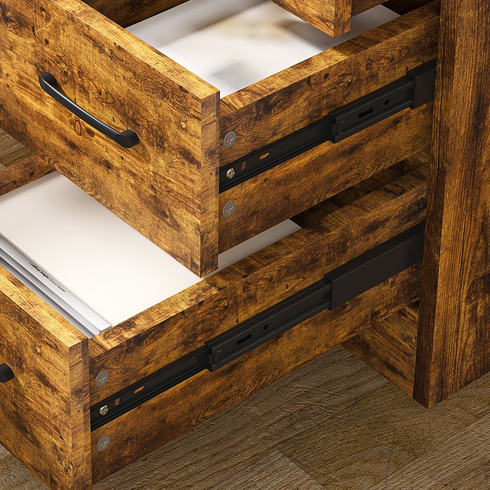 Computer Desk with 4-in-1 Socket & 3 Drawers, 4-Tier Storage Shelves, Carbonized Wood Finish Laminate for Home Office, Study, Bedroom