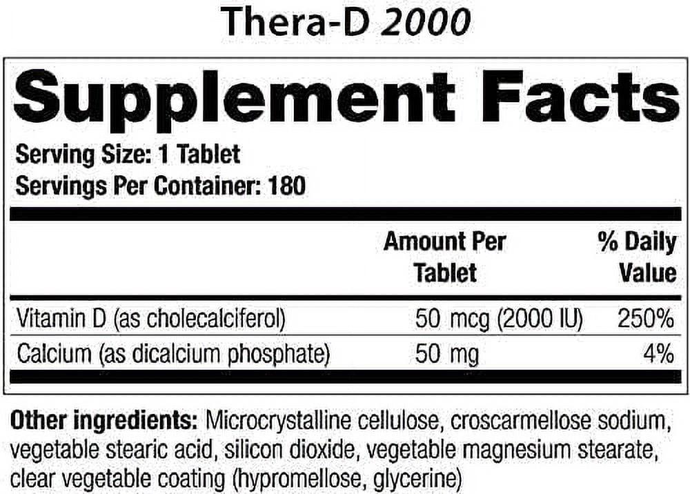 Theralogix Thera-D 2000 Vitamin D Supplement - 2,000 IU (50 mcg) Vitamin D3 Tablets - 180-Day Supply - Immune Support Supplement for Women & Men - Aids Bone & Heart Health - NSF Certified -180 Tablets
