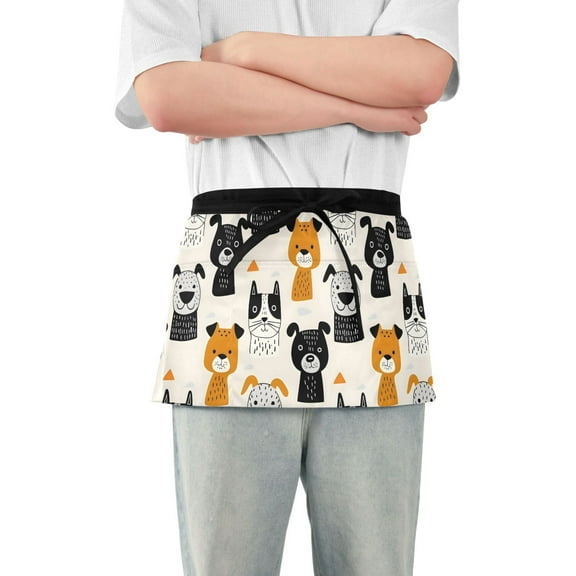 Hand Paint Dogs Server Apron with 3 Pockets Waterproof Waitress Waist Short Apron for Man Woman 12 Inches