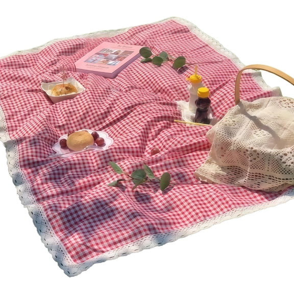 Portable Flannel Picnic Mat, Red & White Gingham Lattice with Lace Edging, Soft Oversized Damp-Proof Thickened Beach Blanket, Outdoor Travel Ground Pad for Camping, Photoshoots