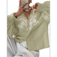 thumbnail image 2 of Women's Embroidered Linen Shirts Button Up Sleeve V Neck Boho Blouse Light Green S, 2 of 10