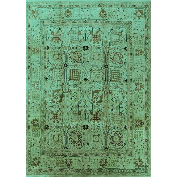 Ahgly Company Machine Washable Indoor Rectangle Oriental Turquoise Blue Industrial Area Rugs, 7' x 9'