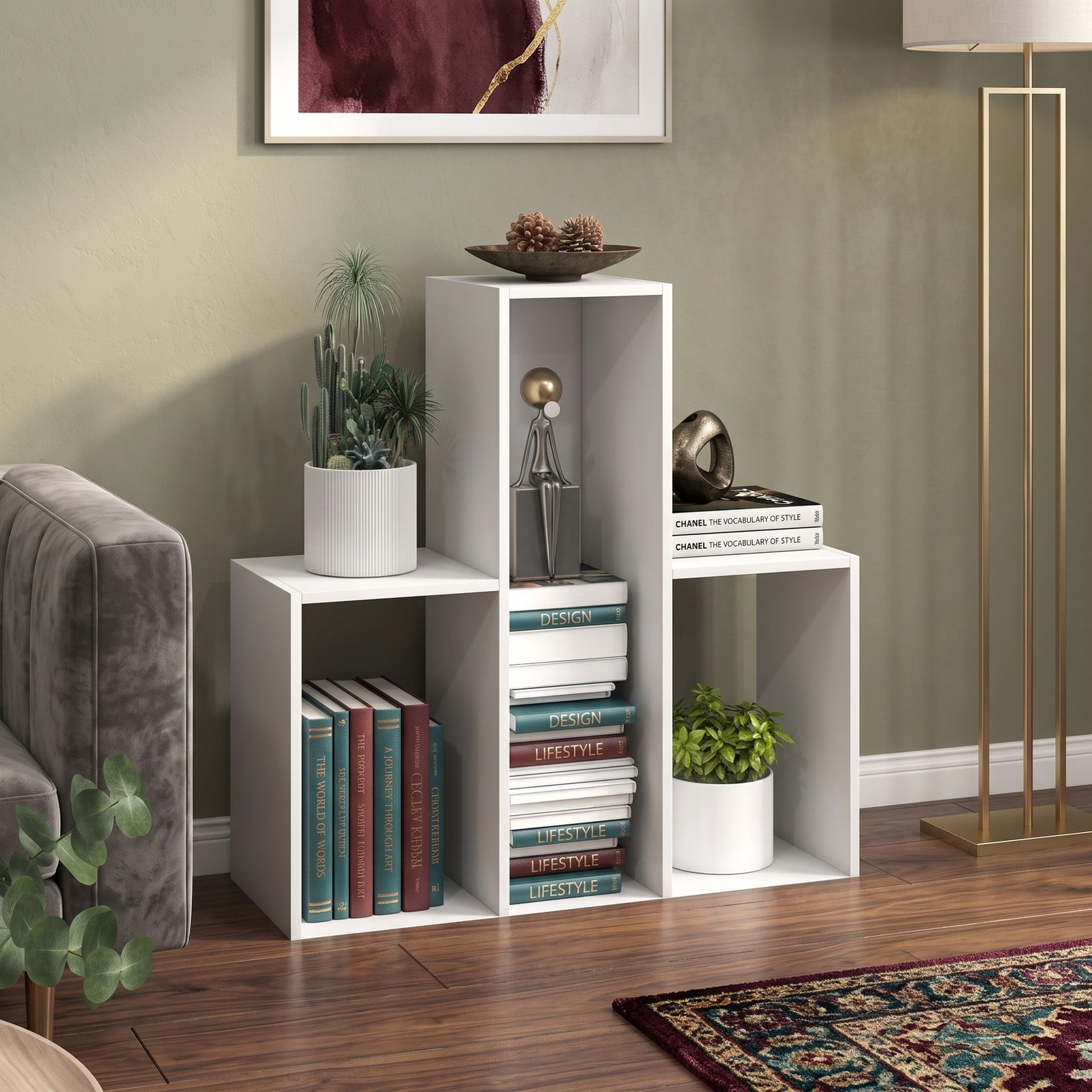 Furnibear Convex Bookshelf, Geometric Bookcase with 3 Open Shelves and Anti-Toppling Device, Freestanding Engineered Wood Display Storage Rack for Living Room, White